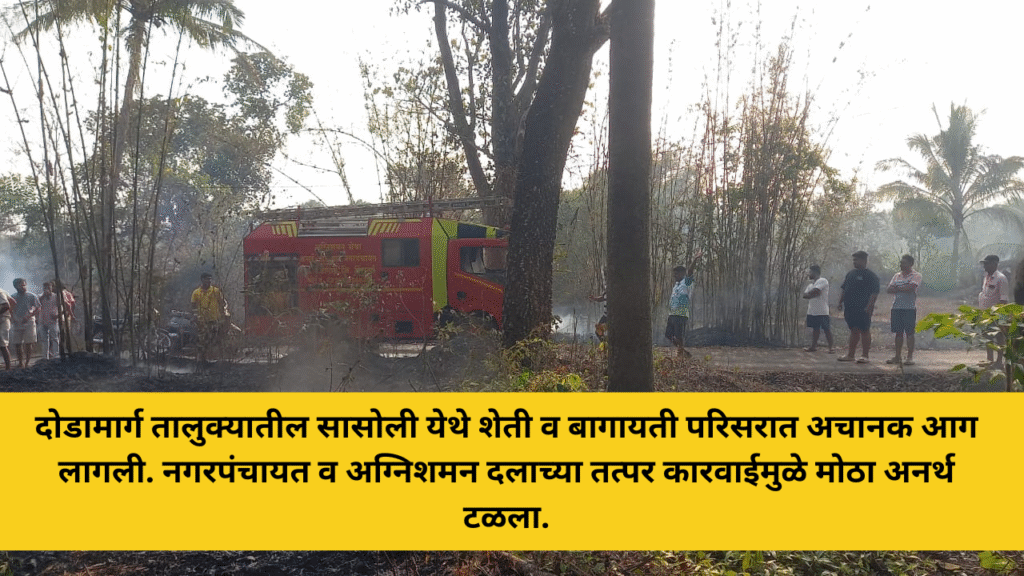 दोडामार्ग तालुक्यातील सासोली येथे शेती व बागायती परिसरात अचानक आग लागली. नगरपंचायत व अग्निशमन दलाच्या तत्पर कारवाईमुळे मोठा अनर्थ टळला. 2 दोडामार्ग तालुक्यातील सासोली येथे शेती व बागायती परिसरात अचानक आग लागली. नगरपंचायत व अग्निशमन दलाच्या तत्पर कारवाईमुळे मोठा अनर्थ टळला.