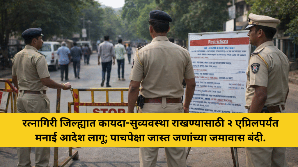 रत्नागिरी जिल्ह्यात कायदा-सुव्यवस्था राखण्यासाठी २ एप्रिलपर्यंत मनाई आदेश लागू; पाचपेक्षा जास्त जणांच्या जमावास बंदी.
